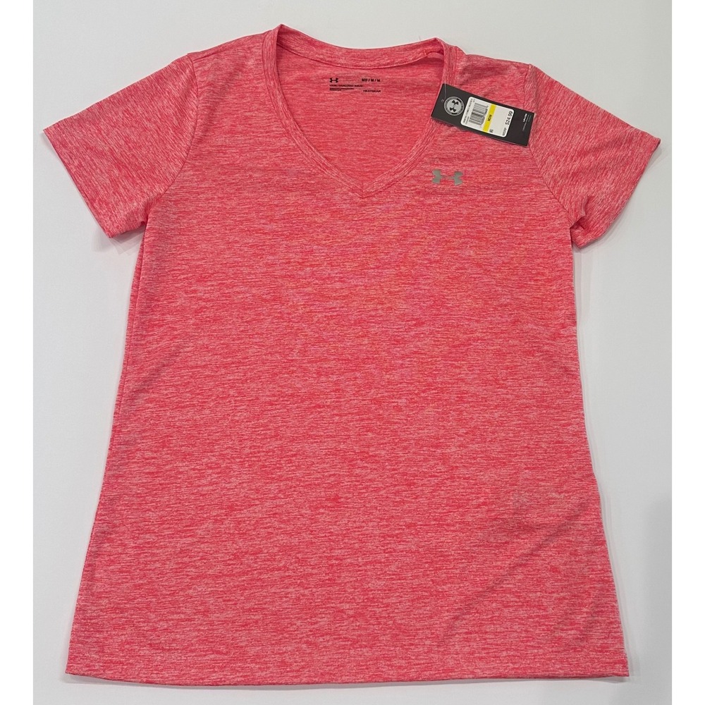 Under Armour Womens HeatGear V-Neck T-Shirt Pink Heathered Loose Fit 1258568 MD